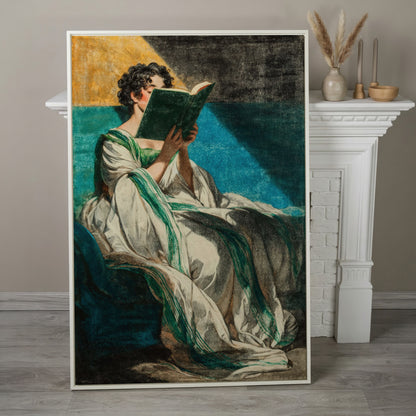 Woman Reading in White Dress, Bookish Wall Art Canvas in white floating frame