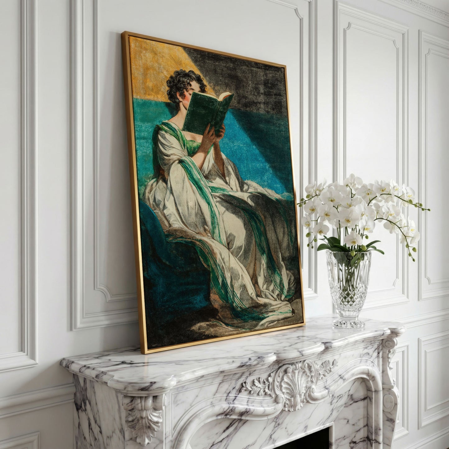 Woman Reading in White Dress, Bookish Wall Art Canvas in yellow gold floating frame