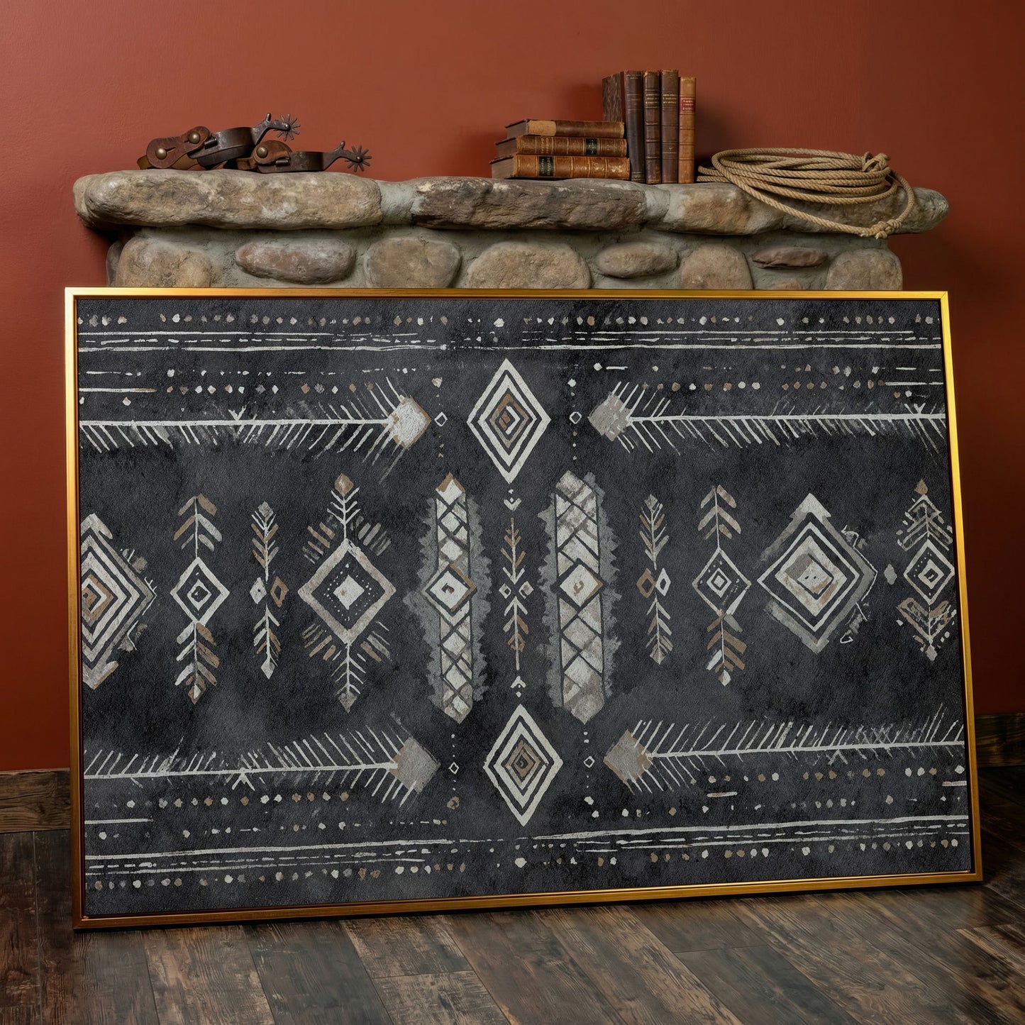 Tribal Geometric Canvas Art, Diamonds Arrows Dots Earth Tones in antique gold floating frame