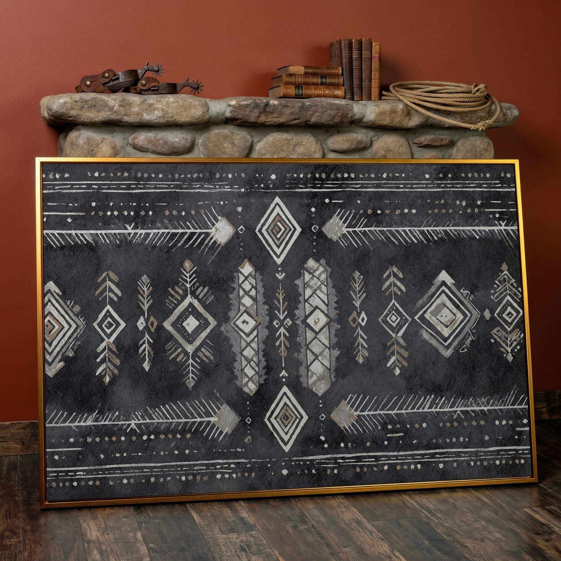 Tribal Geometric Canvas Art, Diamonds Arrows Dots Earth Tones in antique gold floating frame