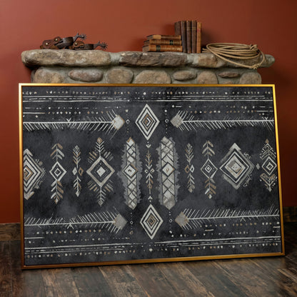 Tribal Geometric Canvas Art, Diamonds Arrows Dots Earth Tones in antique gold floating frame