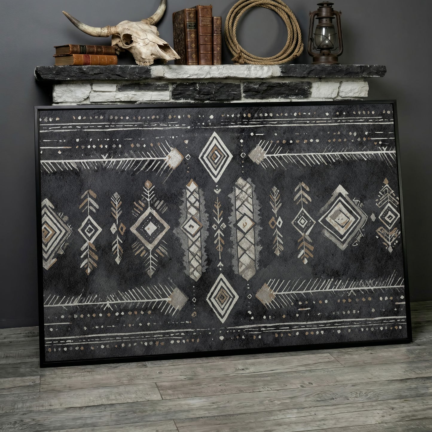 Tribal Geometric Canvas Art, Diamonds Arrows Dots Earth Tones in black floating frame