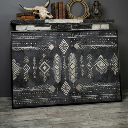 Tribal Geometric Canvas Art, Diamonds Arrows Dots Earth Tones in black floating frame