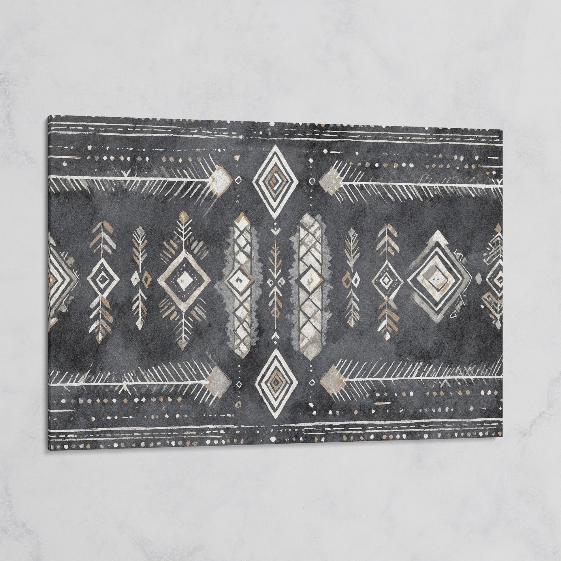 Tribal Geometric Canvas Art, Diamonds Arrows Dots Earth Tones on gallery wrap