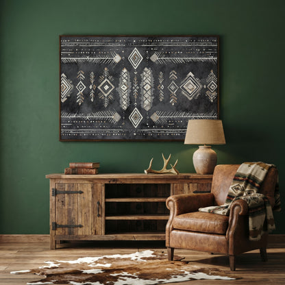 Tribal Geometric Canvas Art, Diamonds Arrows Dots Earth Tones in dark walnut floating frame