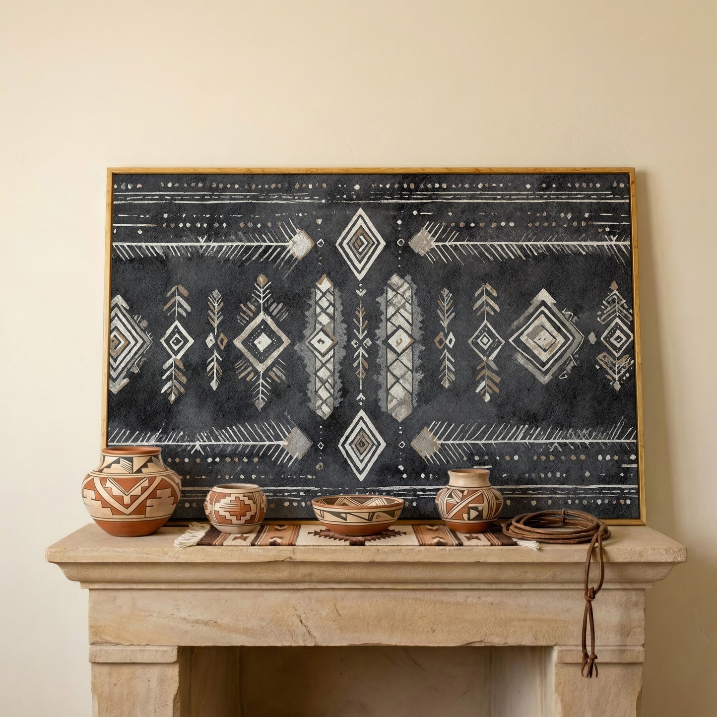 Tribal Geometric Canvas Art, Diamonds Arrows Dots Earth Tones in white oak floating frame