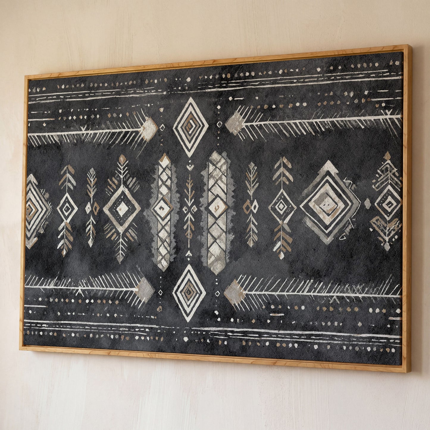 Tribal Geometric Canvas Art, Diamonds Arrows Dots Earth Tones shown in white oak floating frame