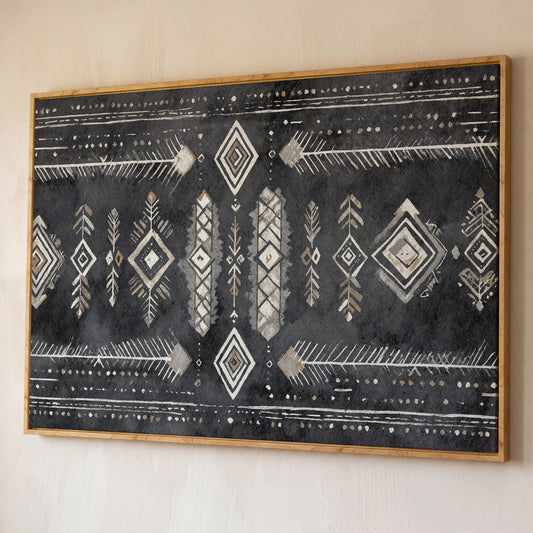 Tribal Geometric Canvas Art, Diamonds Arrows Dots Earth Tones shown in white oak floating frame