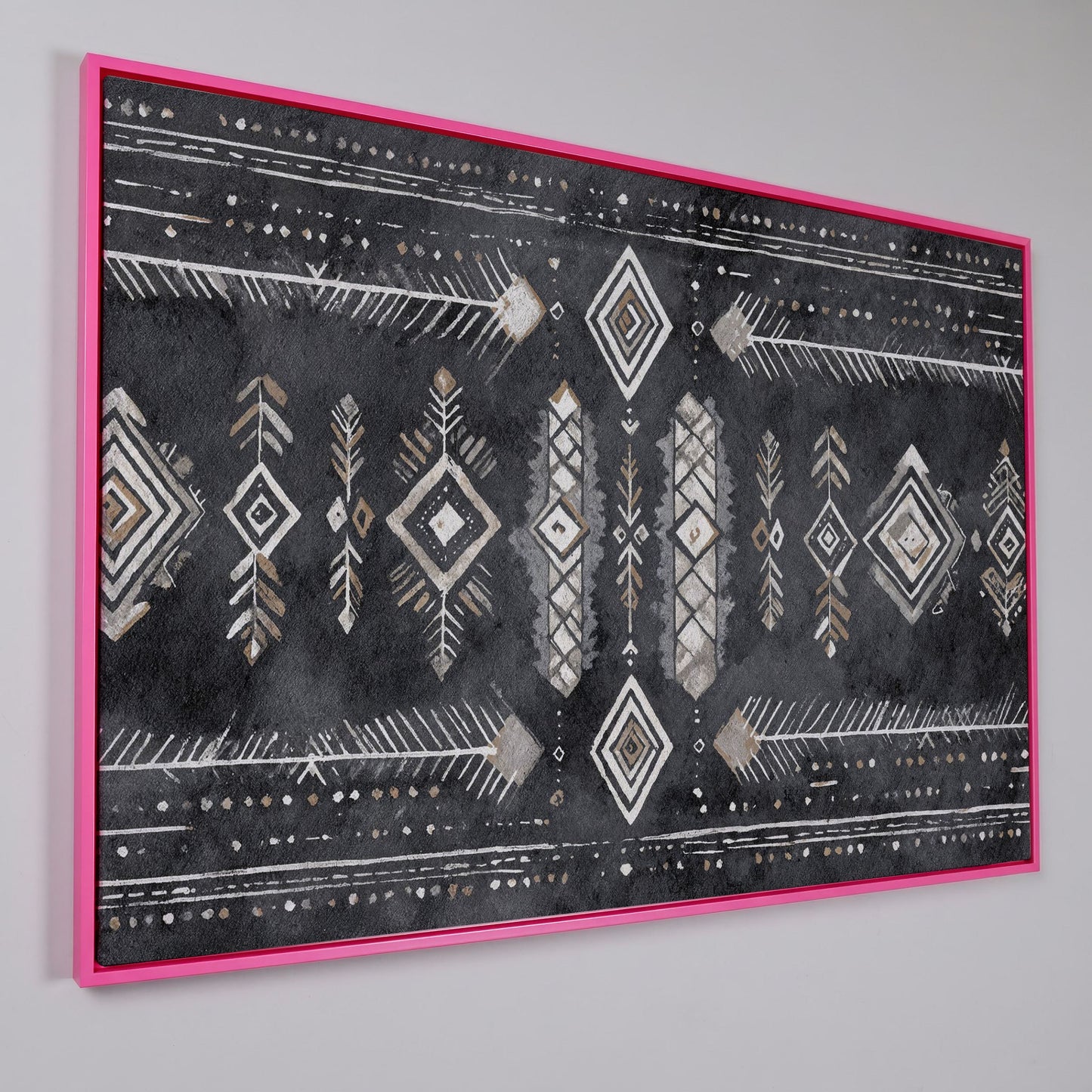 Tribal Geometric Canvas Art, Diamonds Arrows Dots Earth Tones in pink floating frame