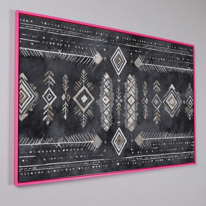 Tribal Geometric Canvas Art, Diamonds Arrows Dots Earth Tones in pink floating frame