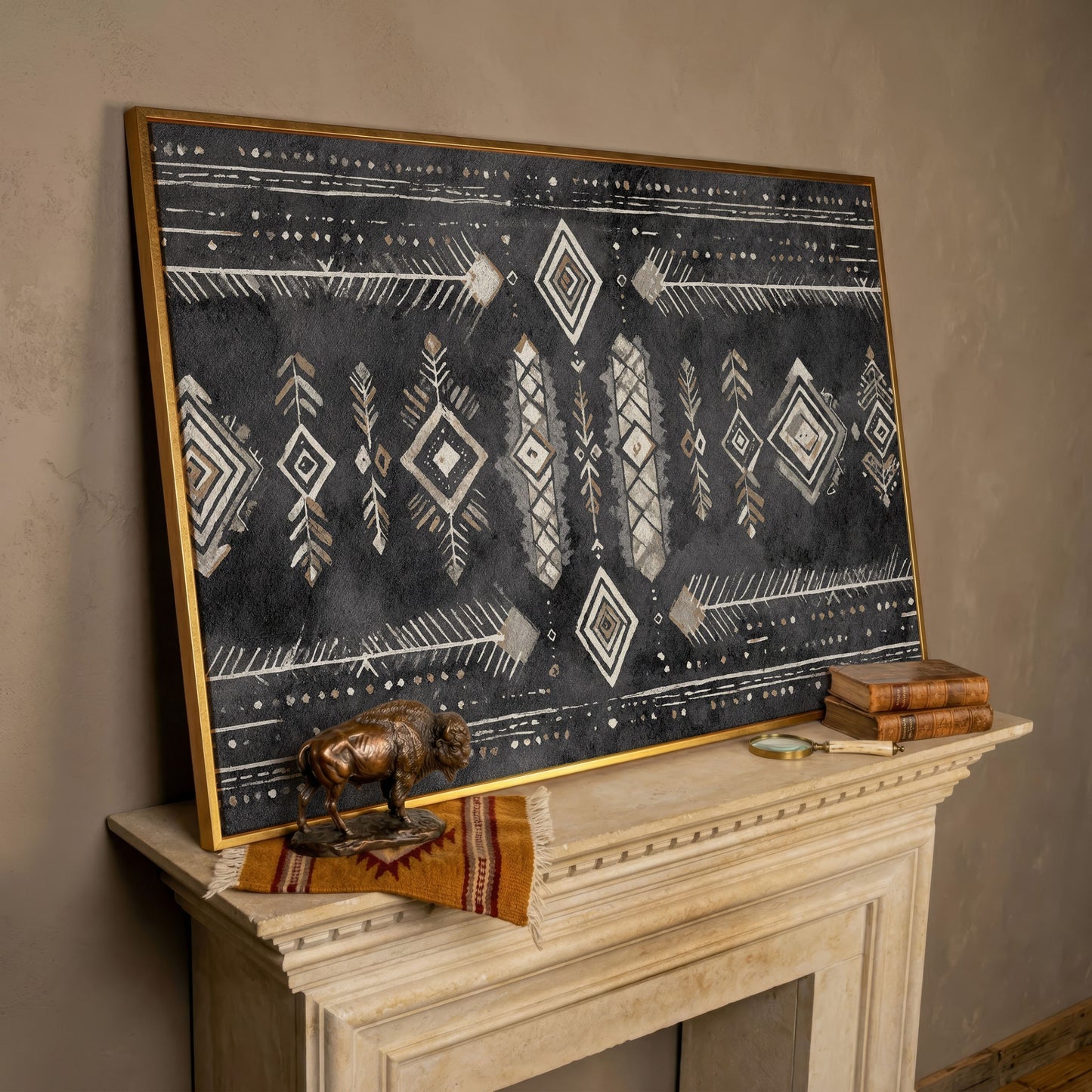 Tribal Geometric Canvas Art, Diamonds Arrows Dots Earth Tones in rose gold floating frame