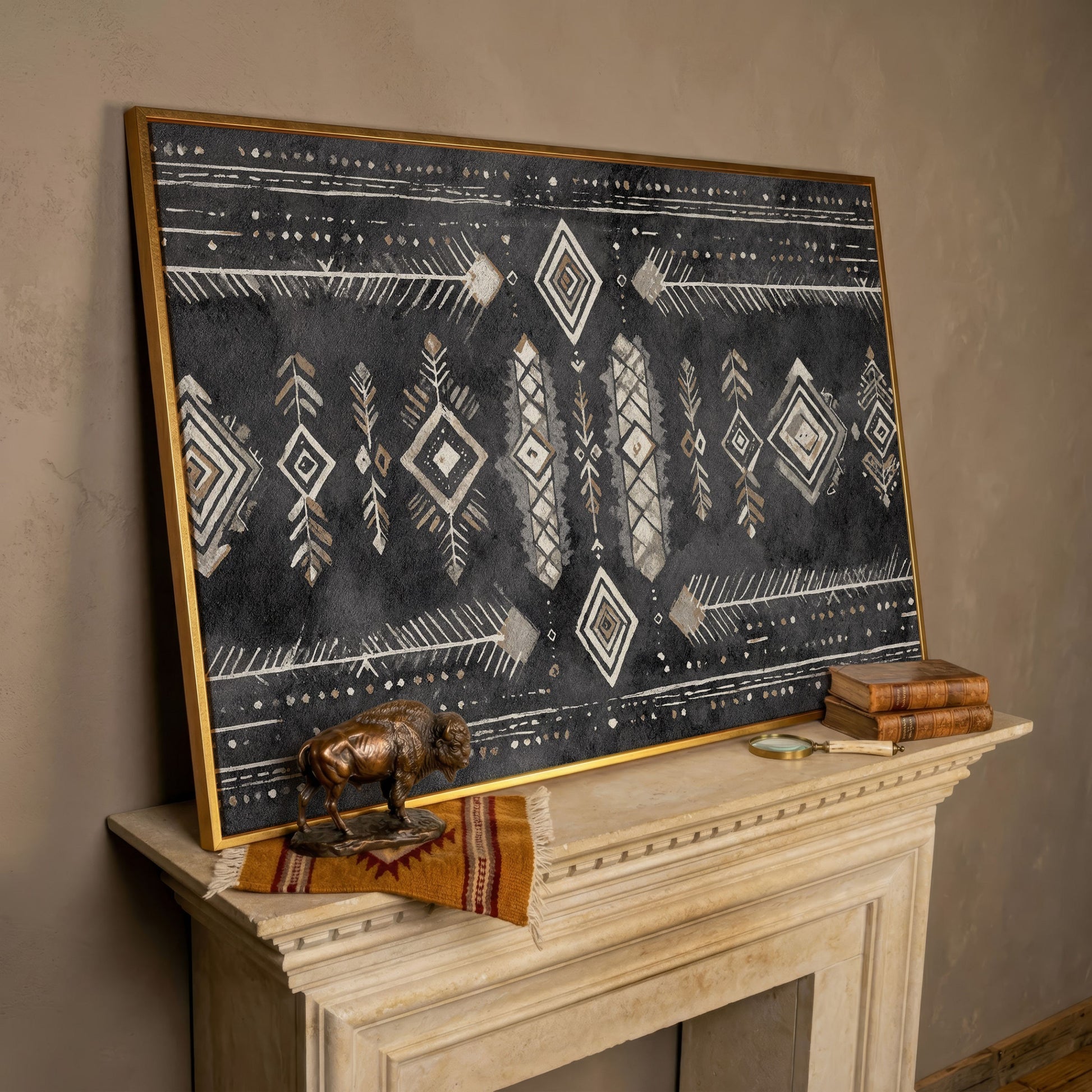 Tribal Geometric Canvas Art, Diamonds Arrows Dots Earth Tones in rose gold floating frame