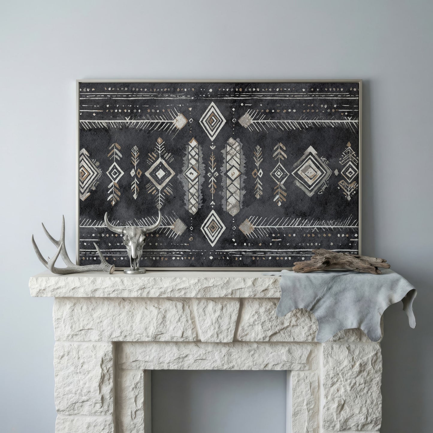 Tribal Geometric Canvas Art, Diamonds Arrows Dots Earth Tones in silver floating frame
