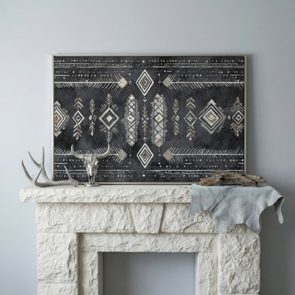 Tribal Geometric Canvas Art, Diamonds Arrows Dots Earth Tones in silver floating frame