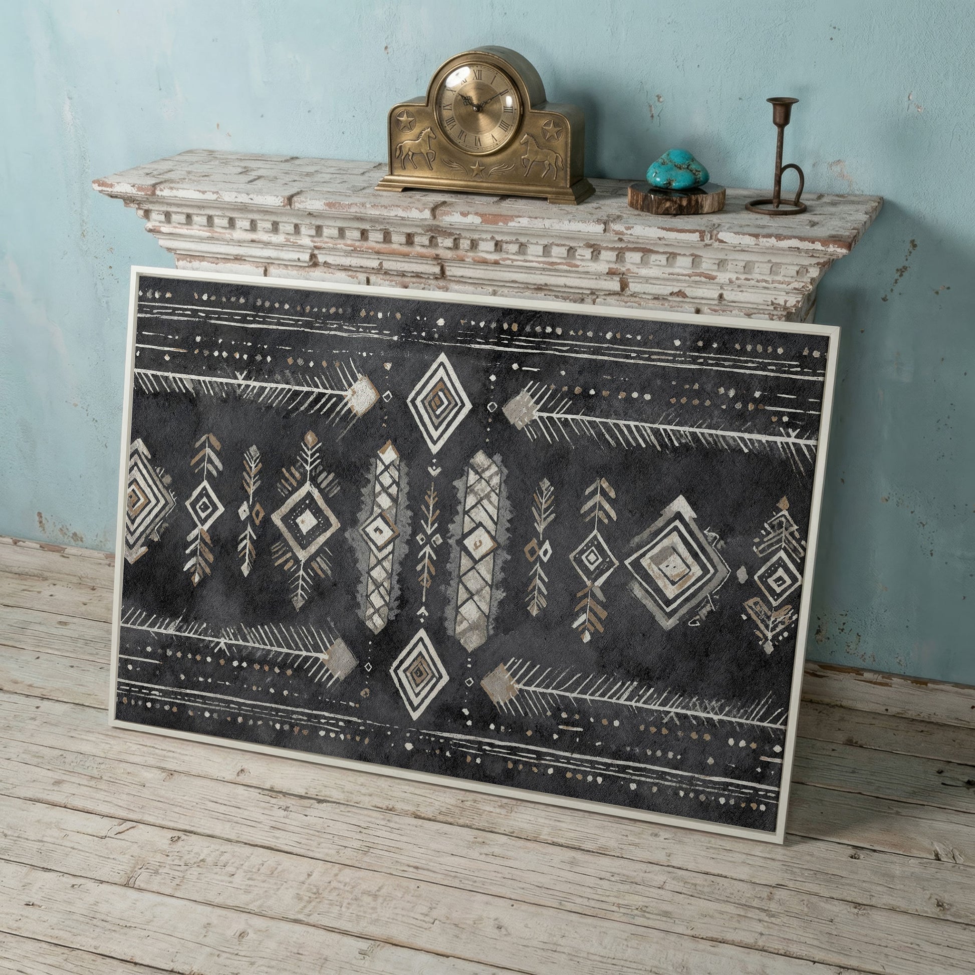 Tribal Geometric Canvas Art, Diamonds Arrows Dots Earth Tones in white floating frame