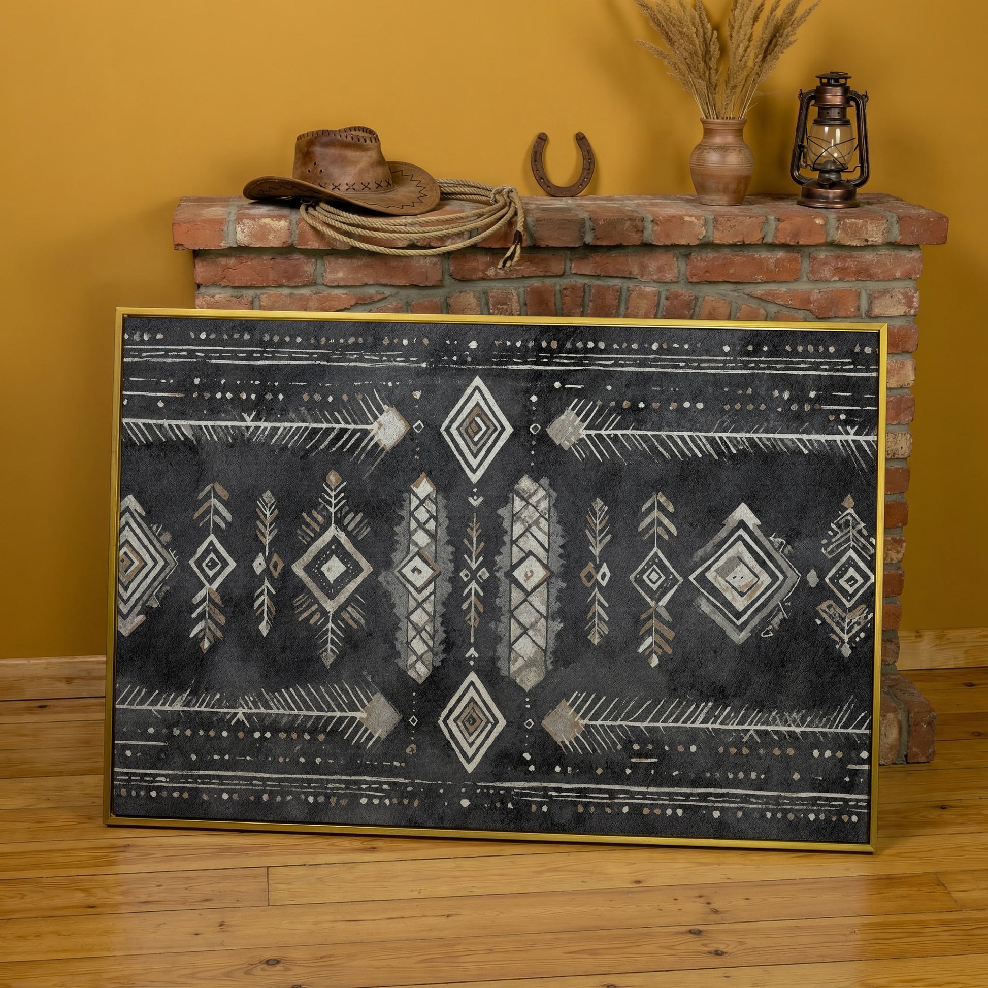 Tribal Geometric Canvas Art, Diamonds Arrows Dots Earth Tones in yellow gold floating frame