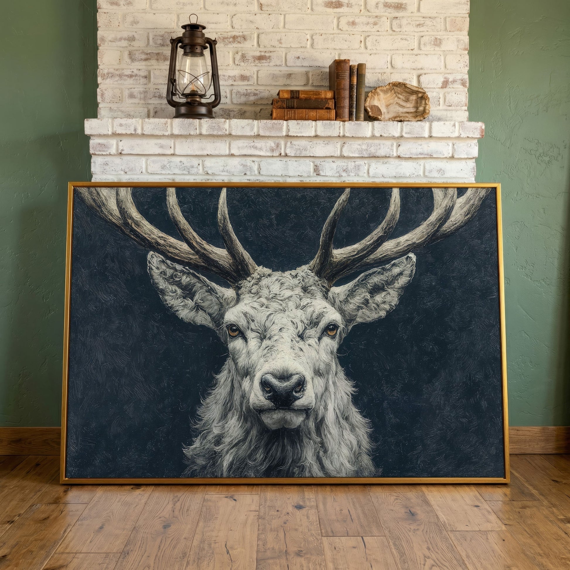 Big Antler Stag Portrait Canvas Wall Art in antique gold floating frame