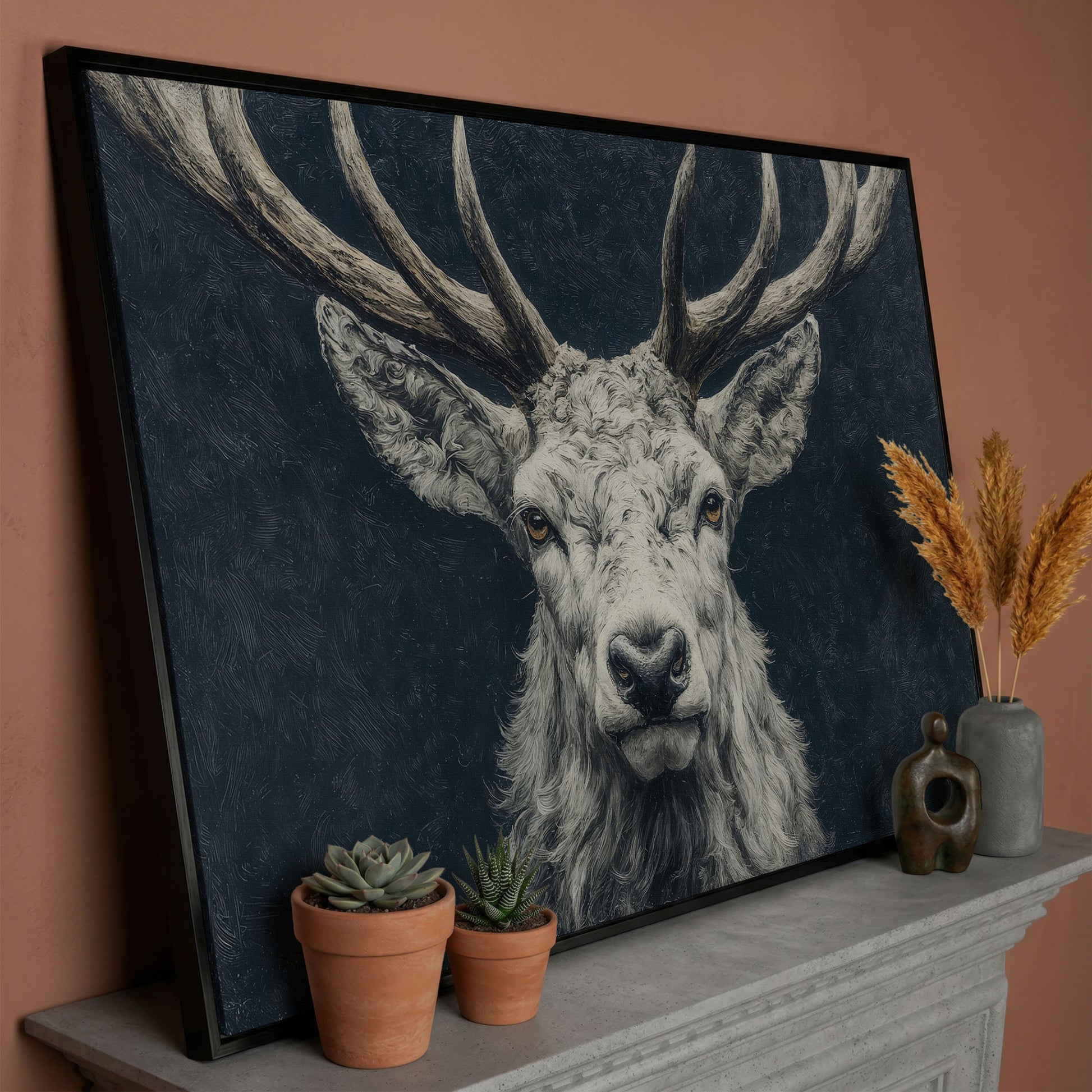 Big Antler Stag Portrait Canvas Wall Art in black floating frame