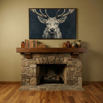 Big Antler Stag Portrait Canvas Wall Art in dark walnut floating frame