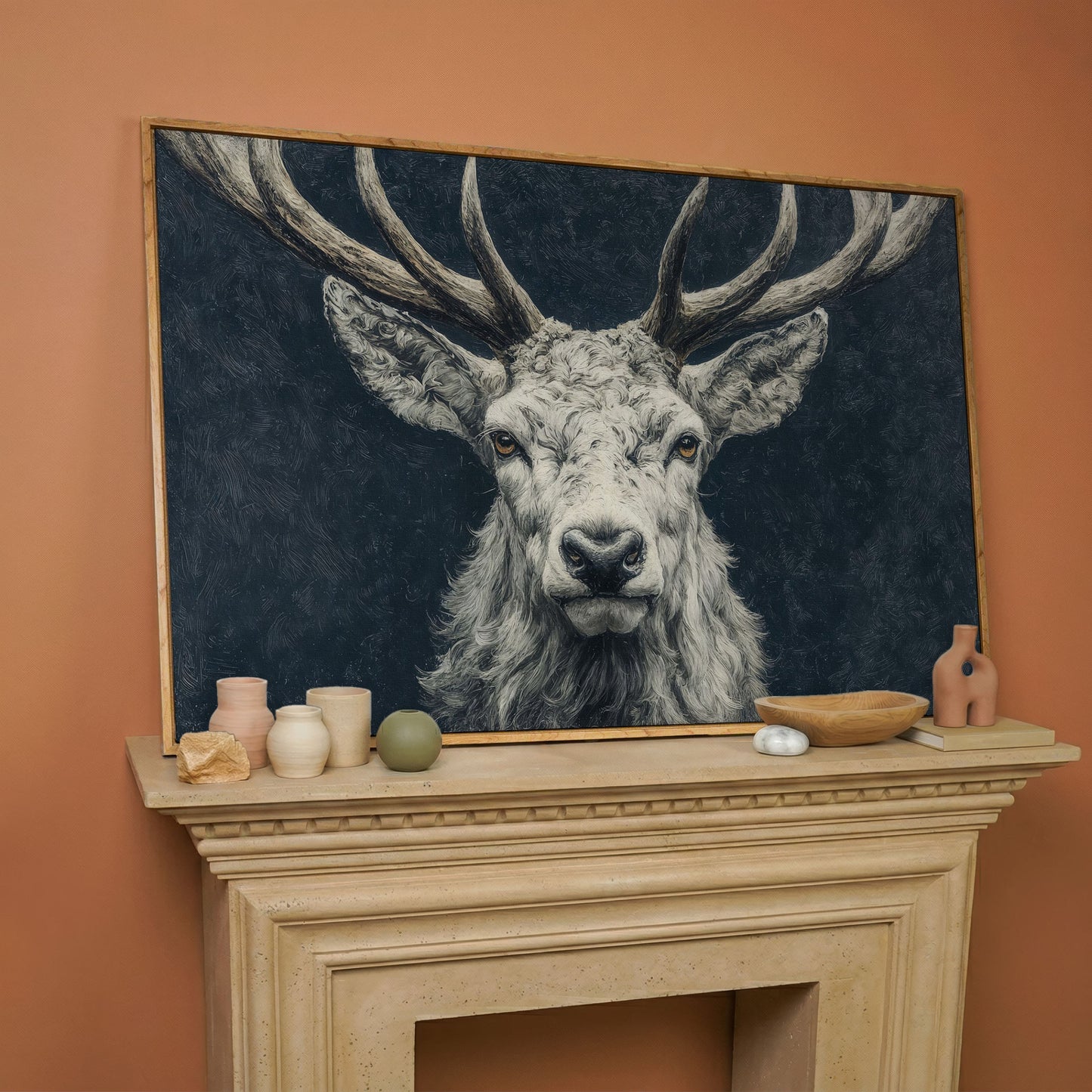Big Antler Stag Portrait Canvas Wall Art in white oak floating frame