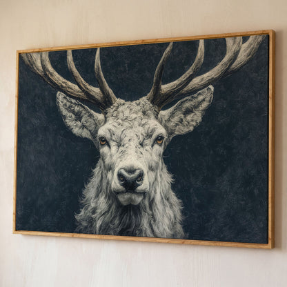 Big Antler Stag Portrait Canvas Wall Art shown in white oak floating frame