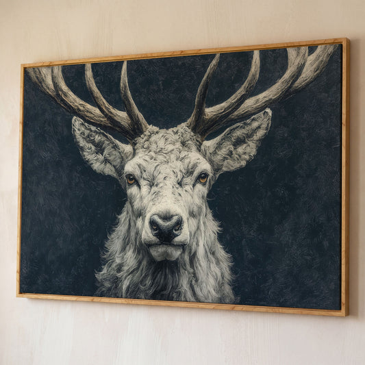 Big Antler Stag Portrait Canvas Wall Art shown in white oak floating frame