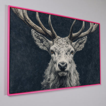 Big Antler Stag Portrait Canvas Wall Art in pink floating frame