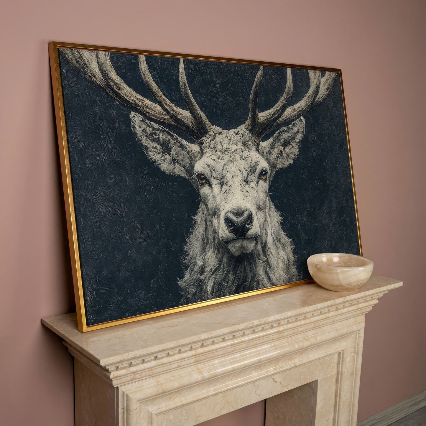 Big Antler Stag Portrait Canvas Wall Art in rose gold floating frame