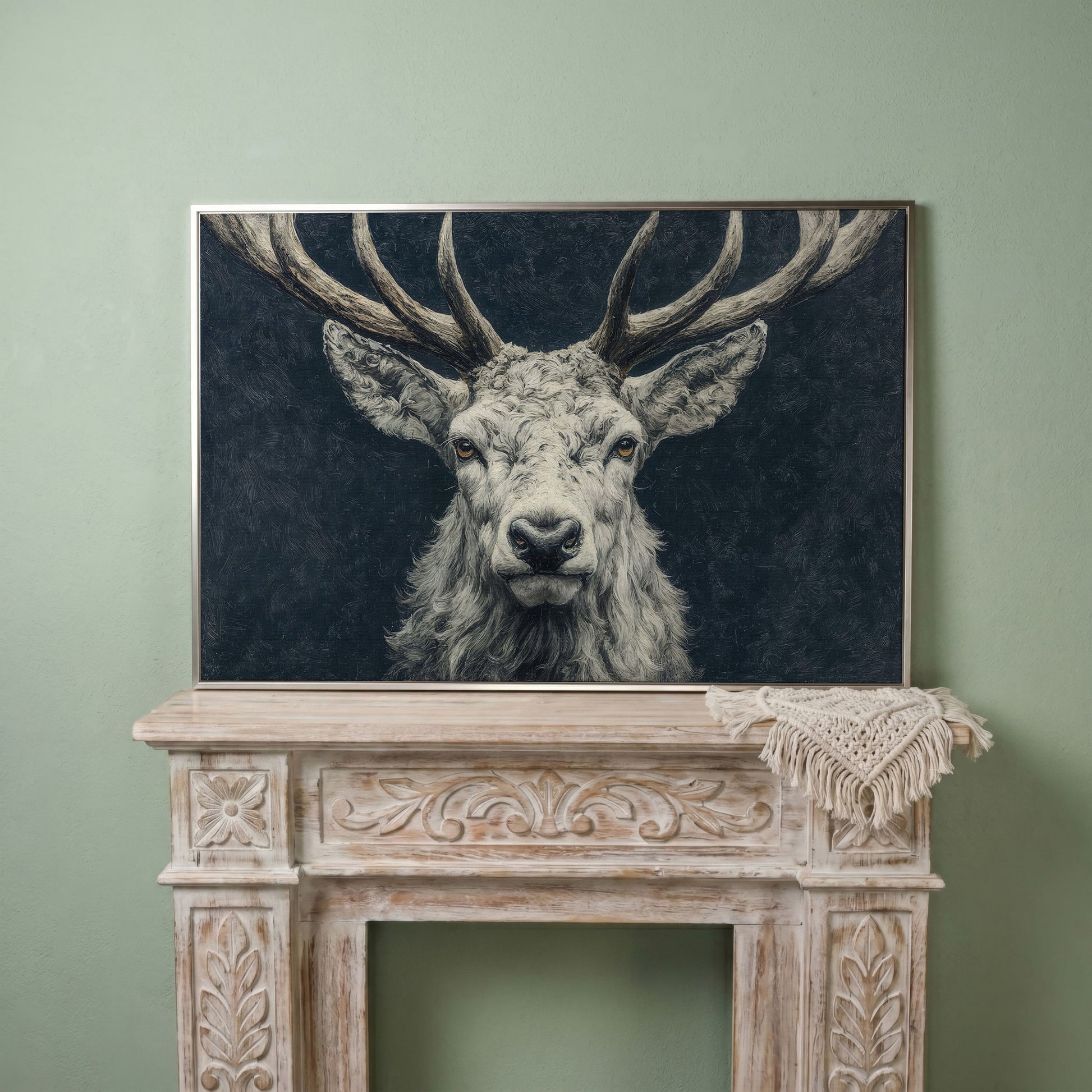 Big Antler Stag Portrait Canvas Wall Art in silver floating frame