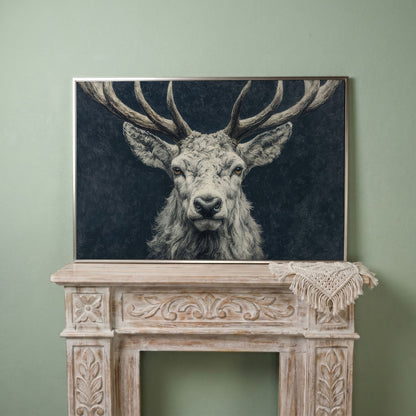 Big Antler Stag Portrait Canvas Wall Art in silver floating frame