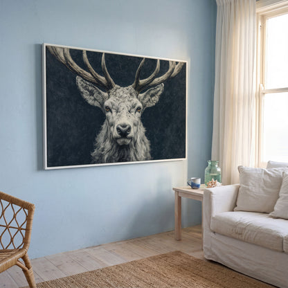 Big Antler Stag Portrait Canvas Wall Art in white floating frame