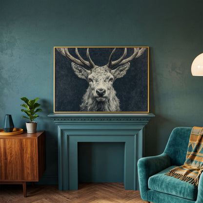 Big Antler Stag Portrait Canvas Wall Art in yellow gold floating frame
