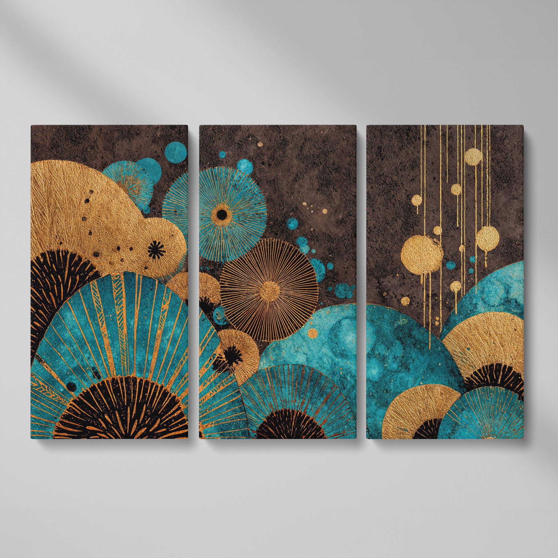 Teal and Gold Abstract Fan Shapes Canvas Art as 3-panel split version