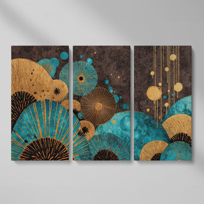 Teal and Gold Abstract Fan Shapes Canvas Art as 3-panel split version