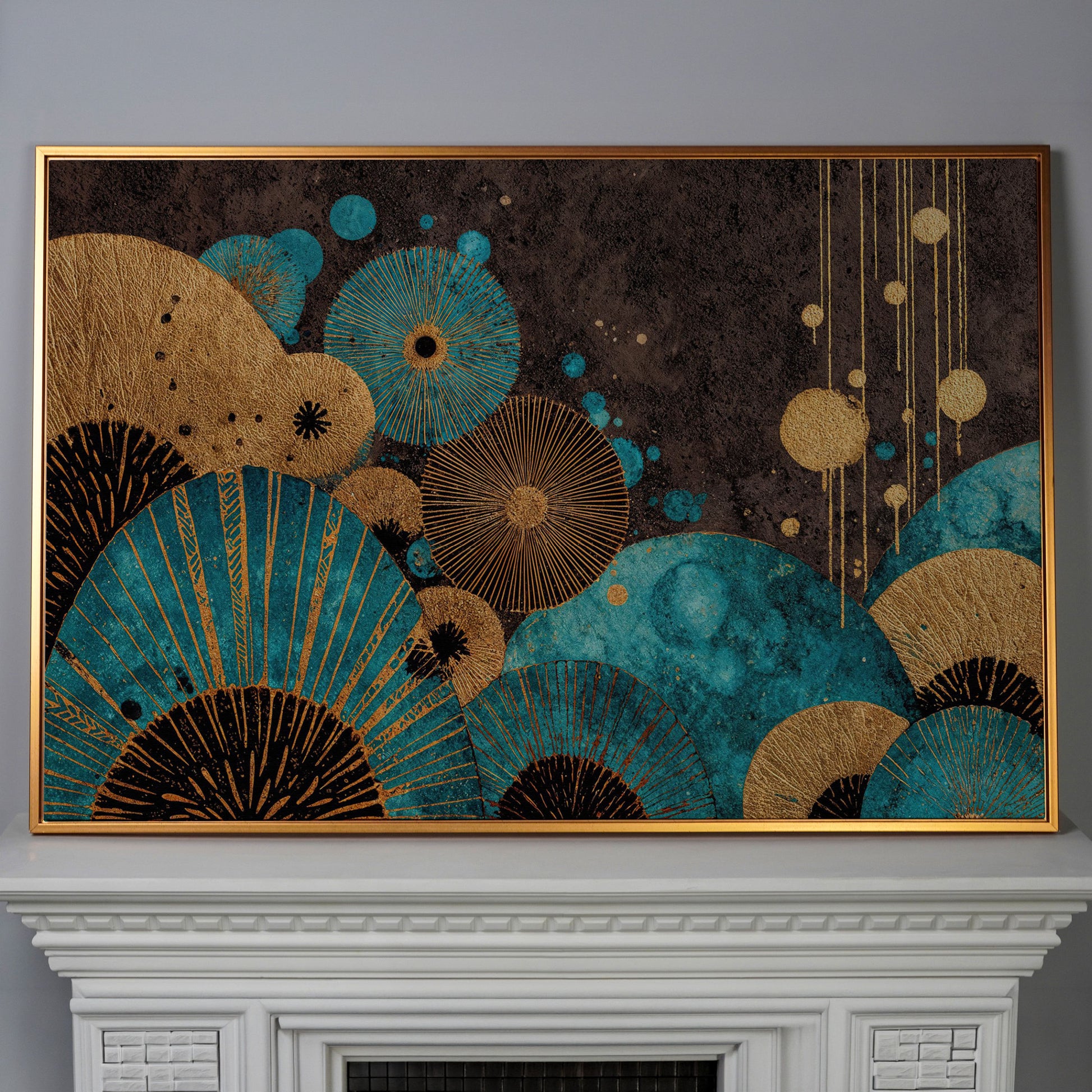 Teal and Gold Abstract Fan Shapes Canvas Art in antique gold floating frame