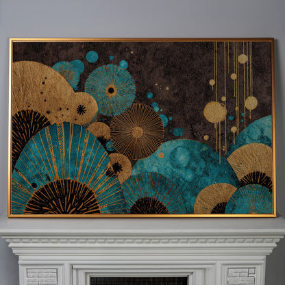 Teal and Gold Abstract Fan Shapes Canvas Art in antique gold floating frame