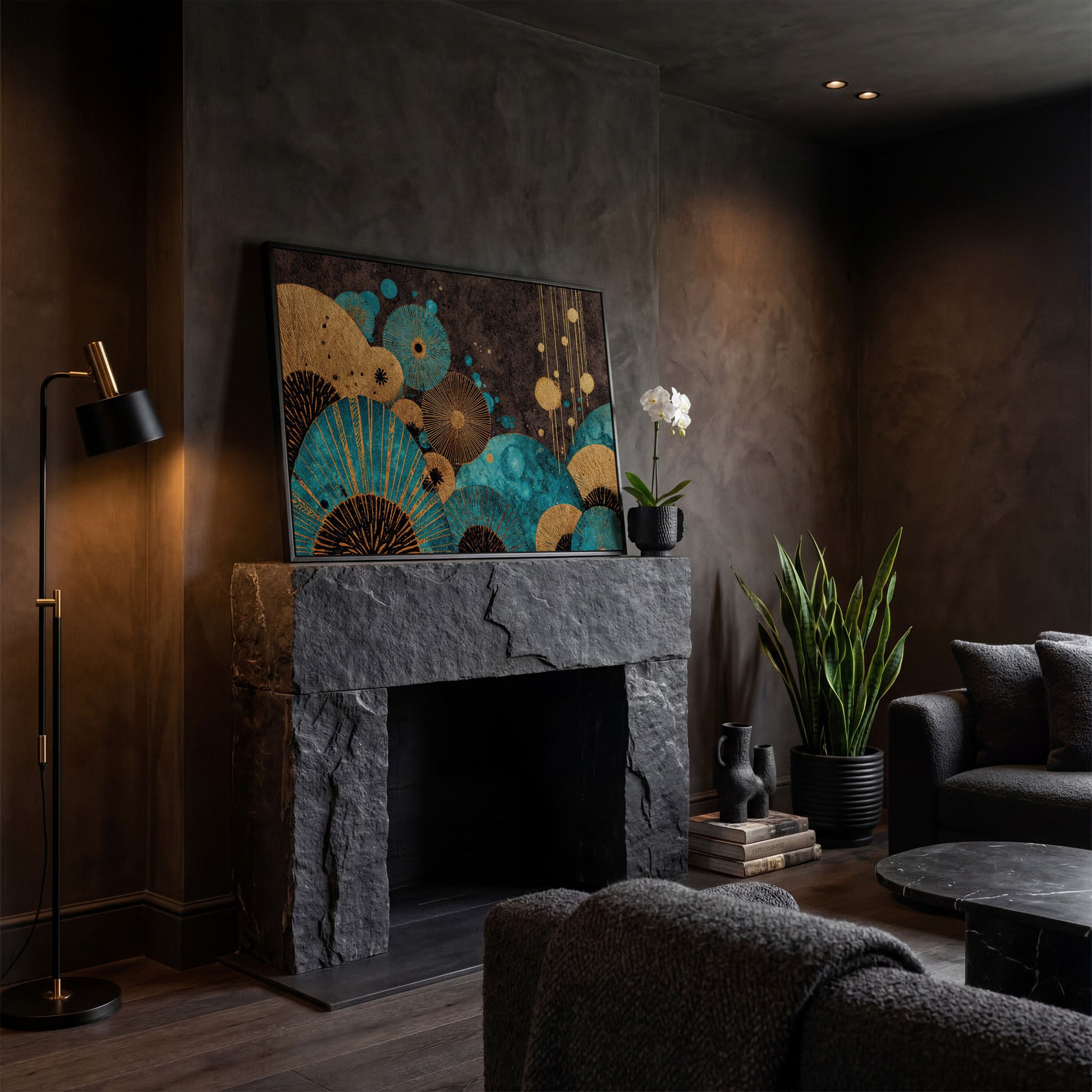 Teal and Gold Abstract Fan Shapes Canvas Art in black floating frame