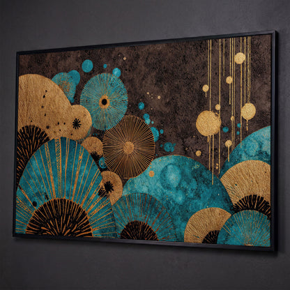 Teal and Gold Abstract Fan Shapes Canvas Art shown in black floating frame