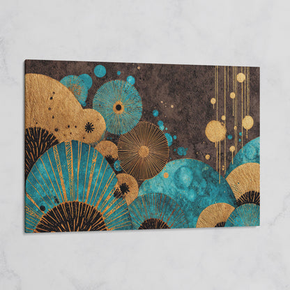 Teal and Gold Abstract Fan Shapes Canvas Art on gallery wrap