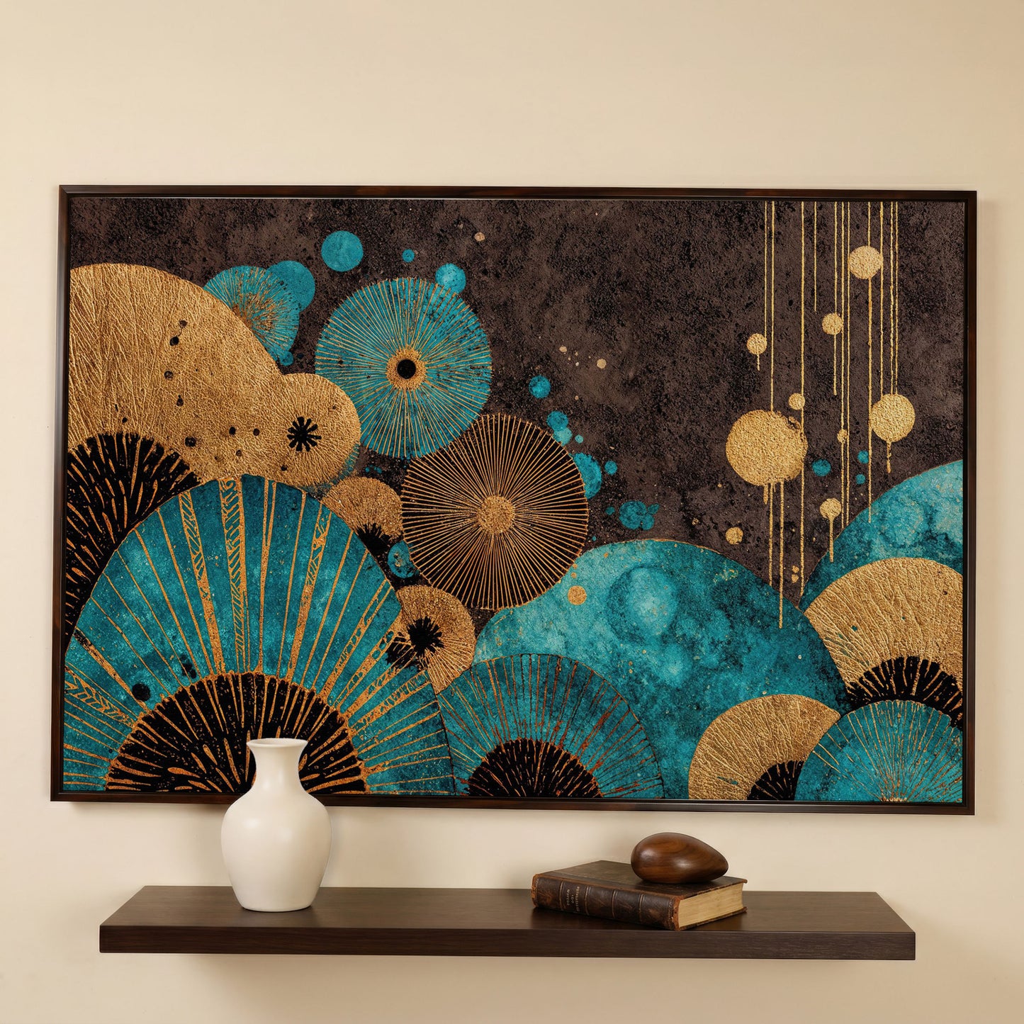 Teal and Gold Abstract Fan Shapes Canvas Art in dark walnut floating frame