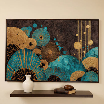 Teal and Gold Abstract Fan Shapes Canvas Art in dark walnut floating frame