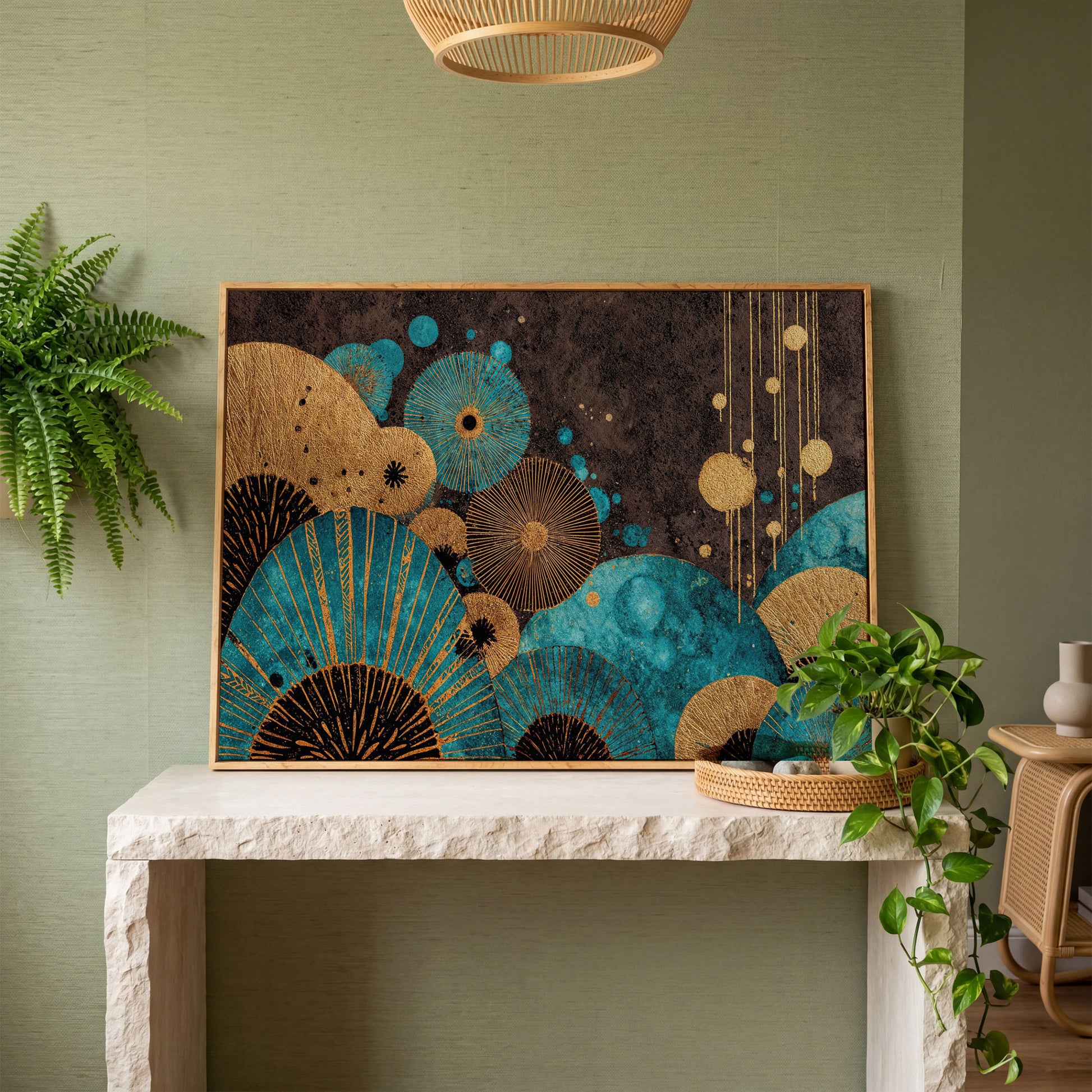 Teal and Gold Abstract Fan Shapes Canvas Art in white oak floating frame