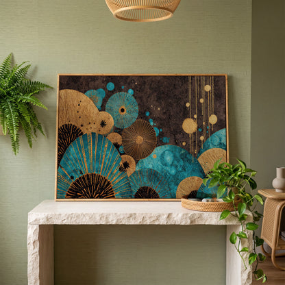 Teal and Gold Abstract Fan Shapes Canvas Art in white oak floating frame
