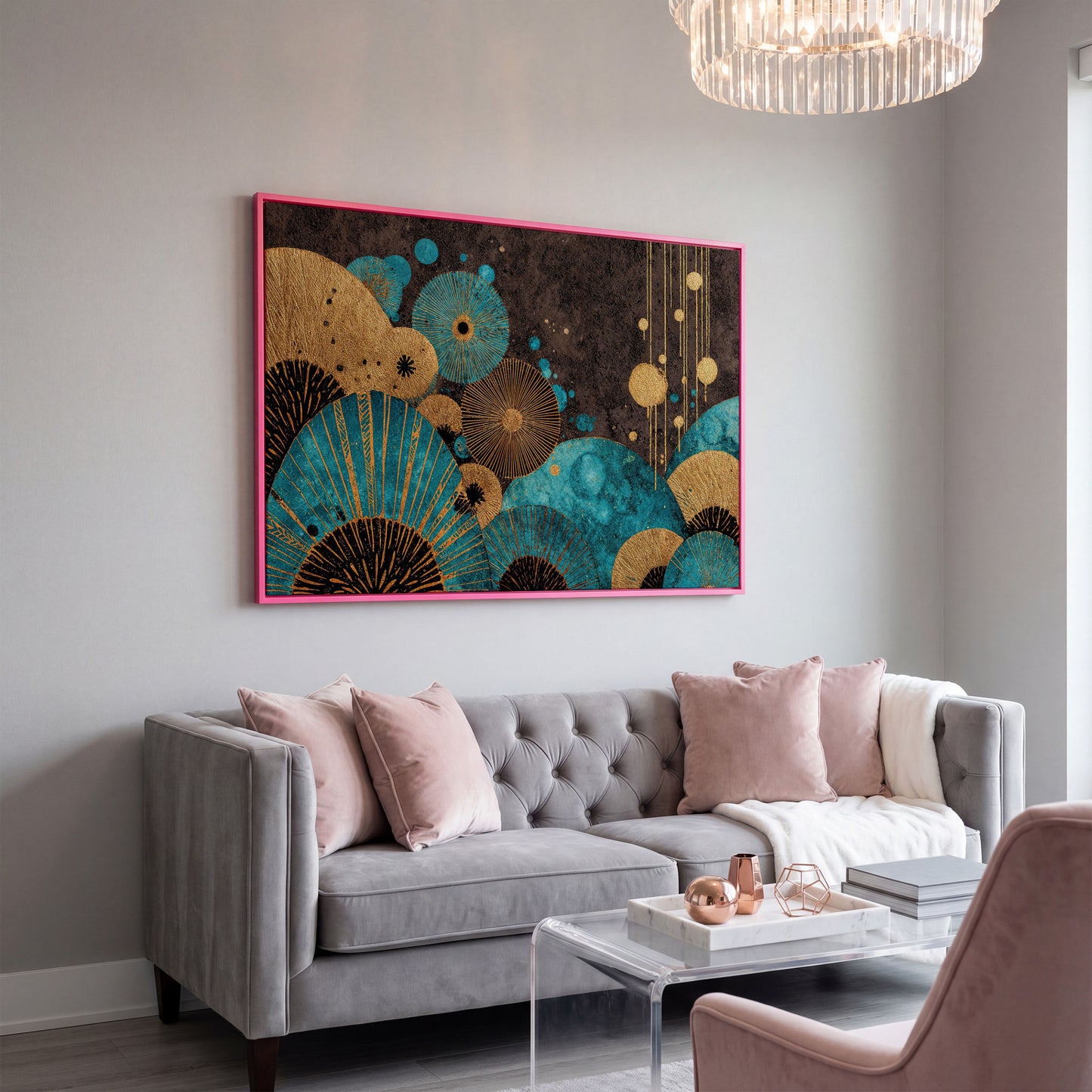 Teal and Gold Abstract Fan Shapes Canvas Art in pink floating frame