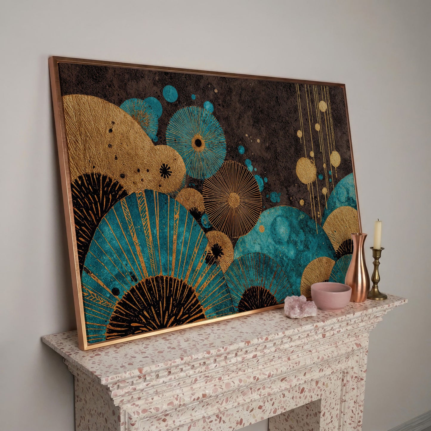 Teal and Gold Abstract Fan Shapes Canvas Art in rose gold floating frame