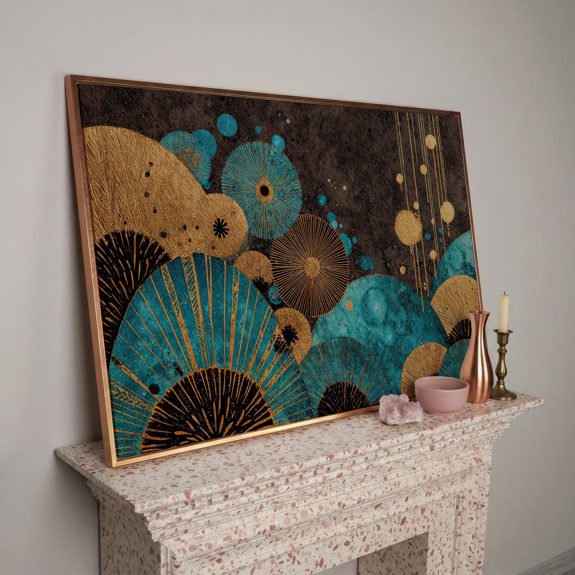 Teal and Gold Abstract Fan Shapes Canvas Art in rose gold floating frame