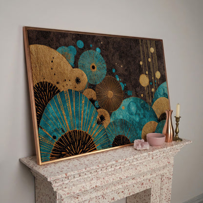 Teal and Gold Abstract Fan Shapes Canvas Art in rose gold floating frame