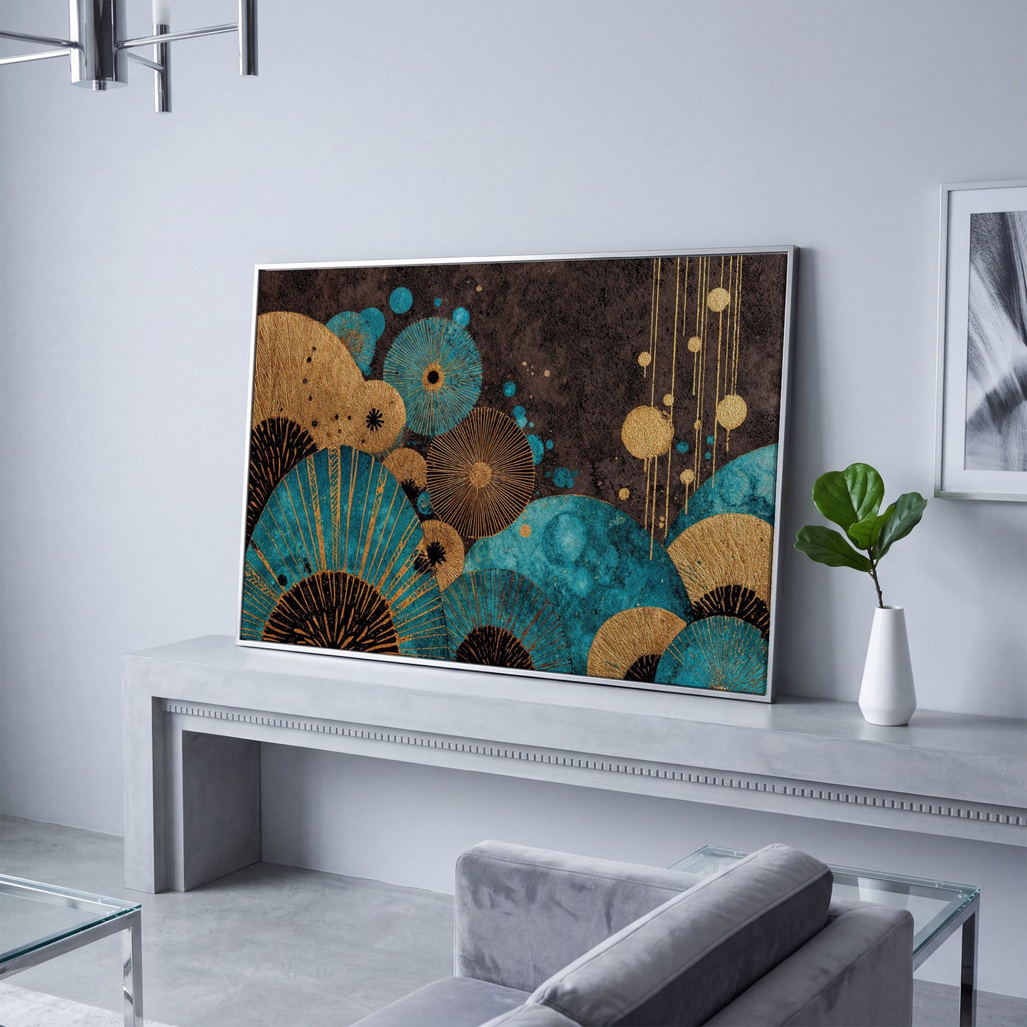 Teal and Gold Abstract Fan Shapes Canvas Art in silver floating frame