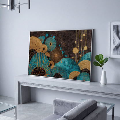 Teal and Gold Abstract Fan Shapes Canvas Art in silver floating frame