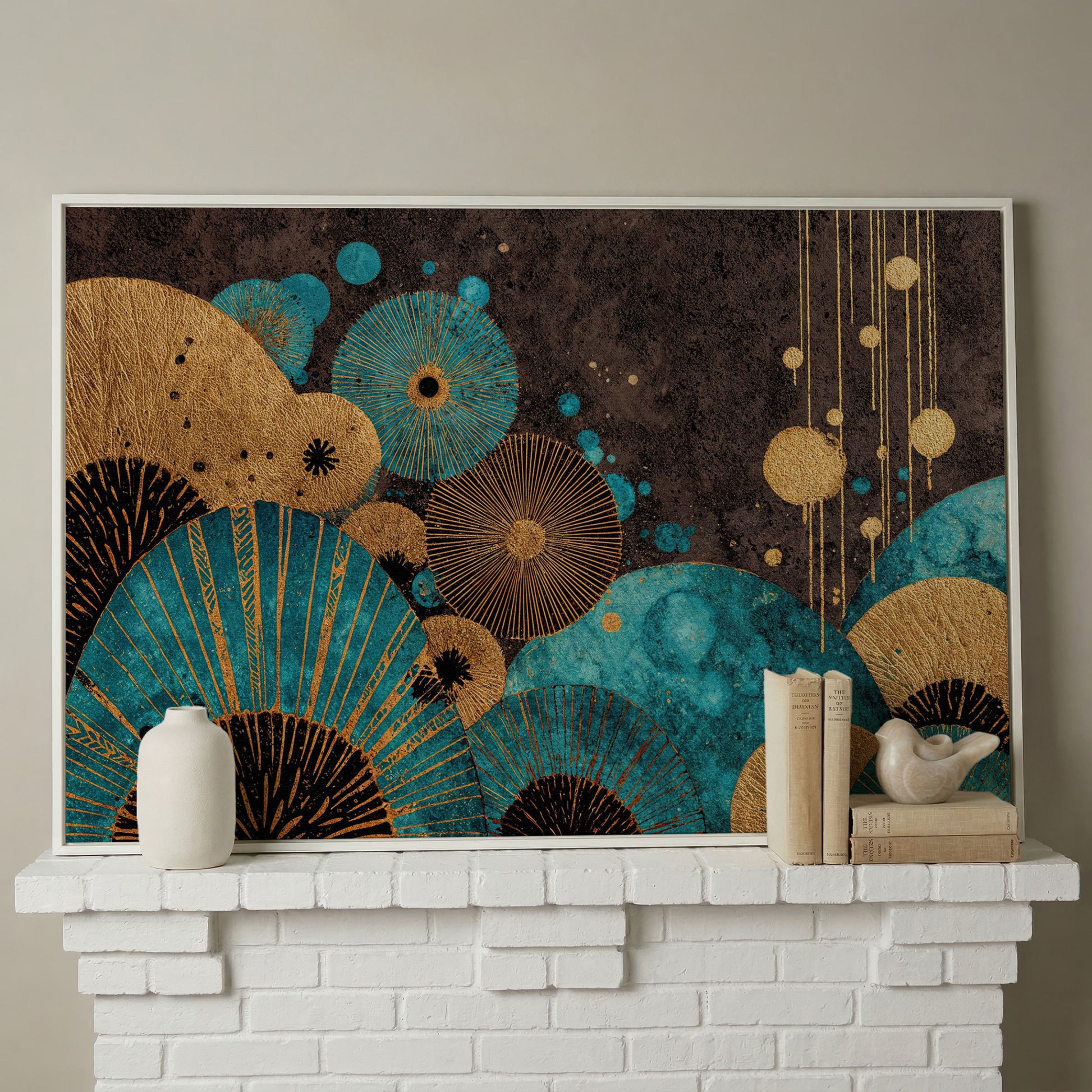 Teal and Gold Abstract Fan Shapes Canvas Art in white floating frame